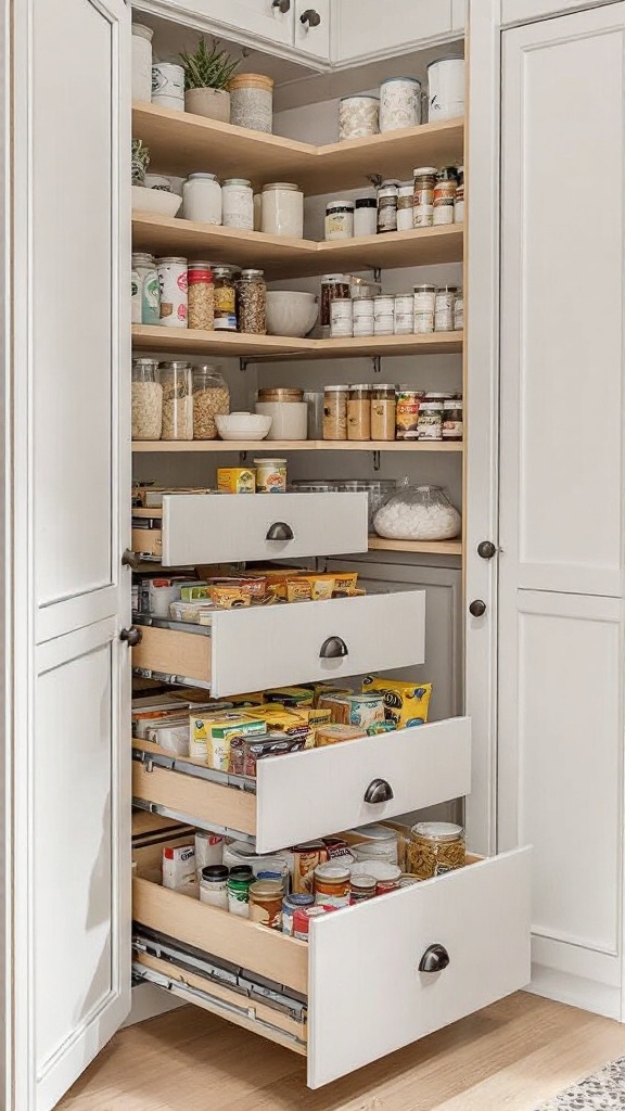 A pantry with pull-out drawers and neatly arranged jars and containers.