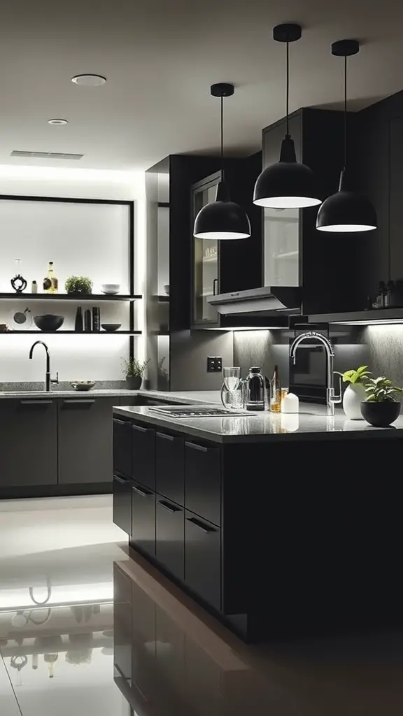 A modern kitchen featuring black pendant lights, sleek cabinets, and elegant under-cabinet lighting.