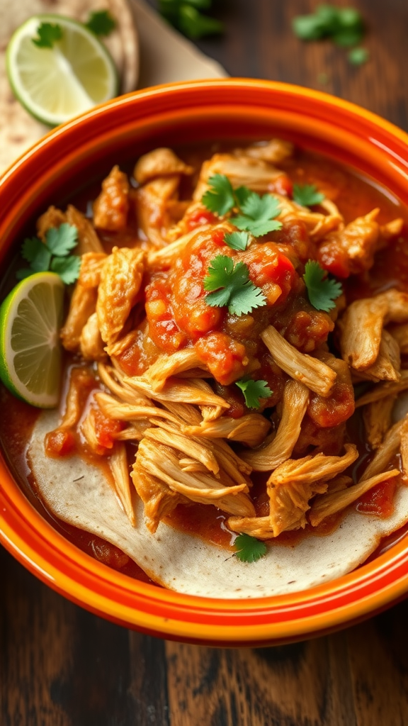 A bowl of shredded salsa chicken served with lime and cilantro, with tortillas on the side.