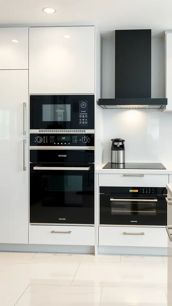 A modern kitchen with integrated black and white appliances including an oven, microwave, and stovetop.