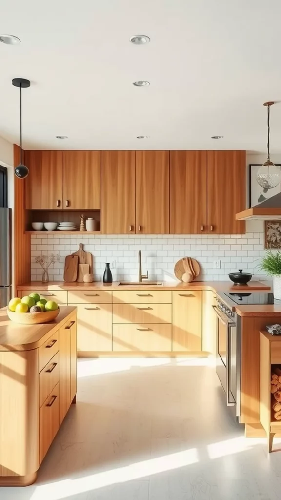 A modern kitchen featuring natural wood cabinets and countertops, sunlight illuminating the space, with a fruit bowl on the island.