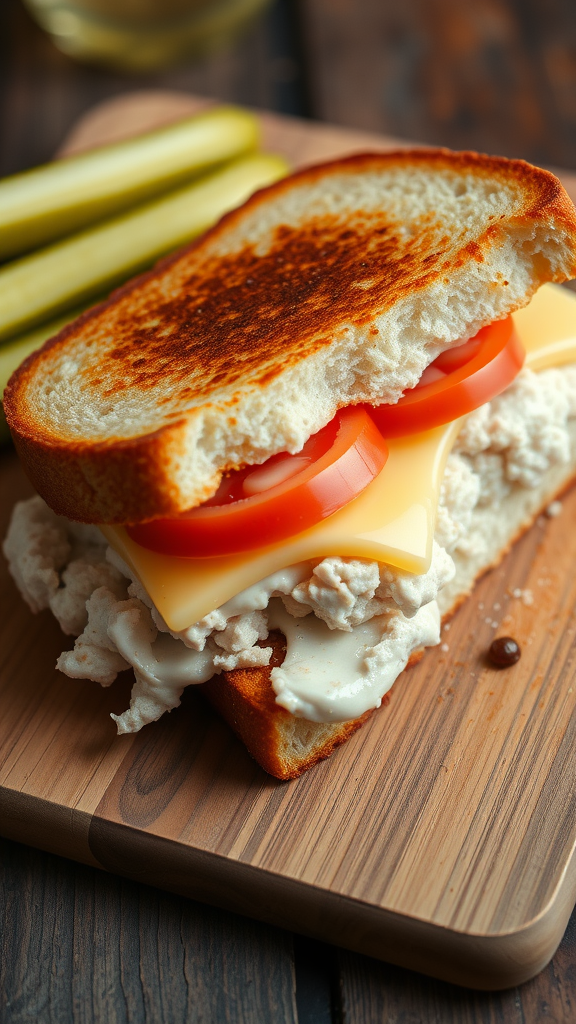 Close-up of a delicious Italian Tuna Melt sandwich with tomatoes and cheese