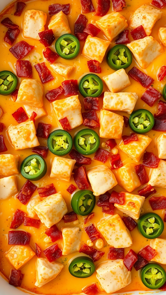 A close-up view of Jalapeño Popper Chicken Casserole topped with cheese, bacon, and jalapeños.