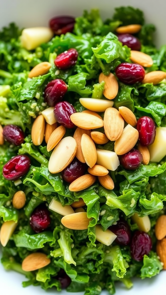 A close-up of a vibrant salad with kale, almonds, and cranberries.