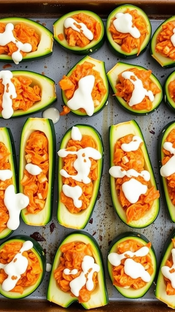 Zucchini boats filled with buffalo chicken and drizzled with ranch dressing