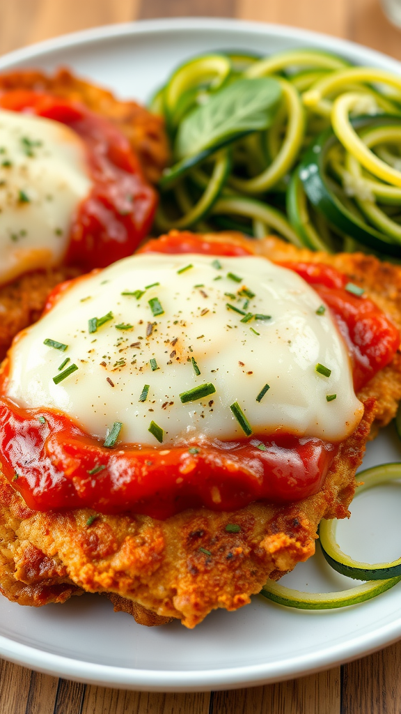 Plate of Keto Chicken Parmesan with zucchini noodles on the side.