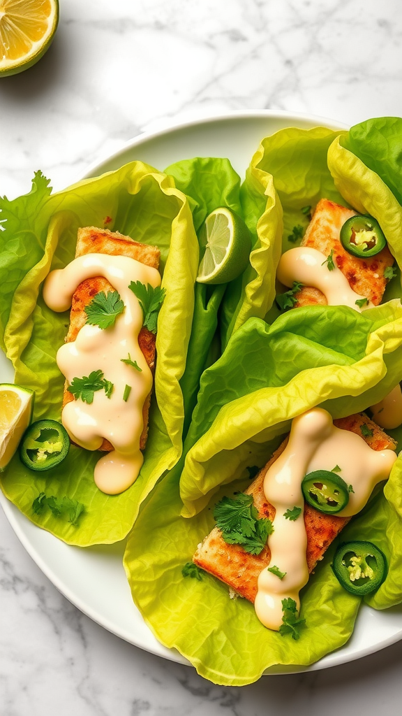 Three fish tacos wrapped in lettuce leaves, topped with bang bang sauce, cilantro, and jalapeño slices.