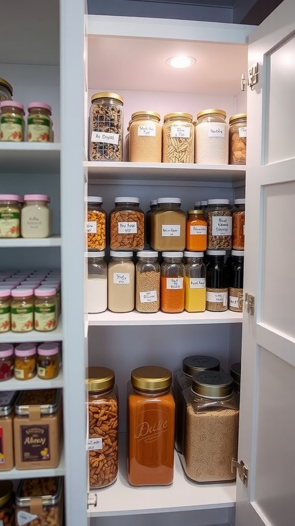 Organized pantry with labeled jars and containers