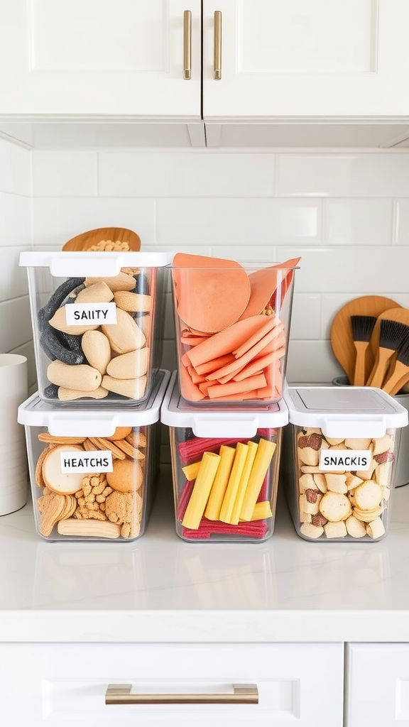 Two labeled storage bins filled with snacks on a kitchen counter.