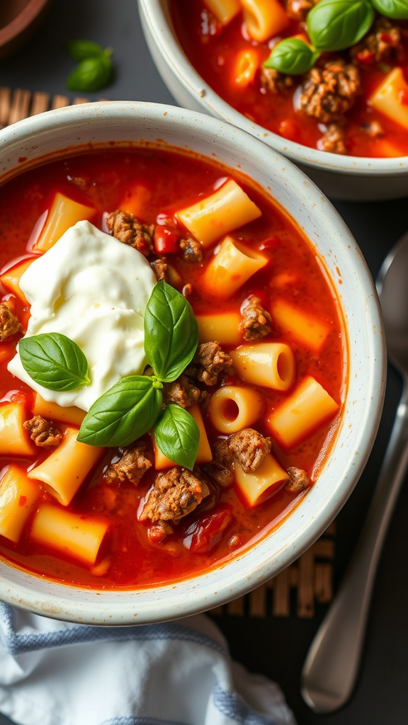 A bowl of lasagna soup with pasta, meat, and basil garnish