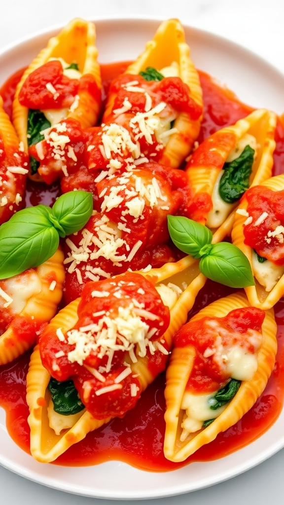 A plate of lasagna stuffed shells topped with marinara sauce and cheese, garnished with fresh basil.