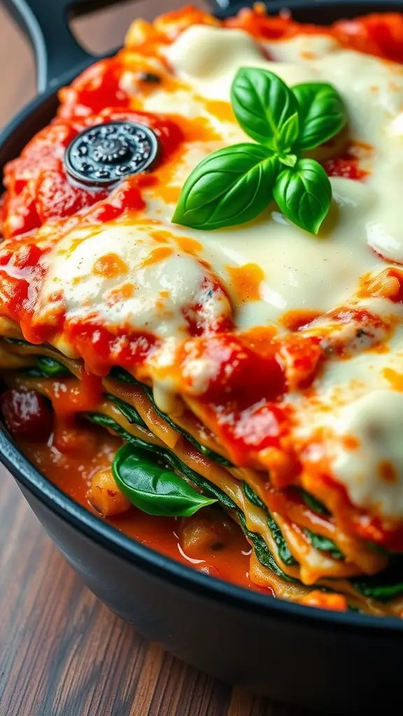 A delicious skillet lasagna topped with cheese and fresh basil.