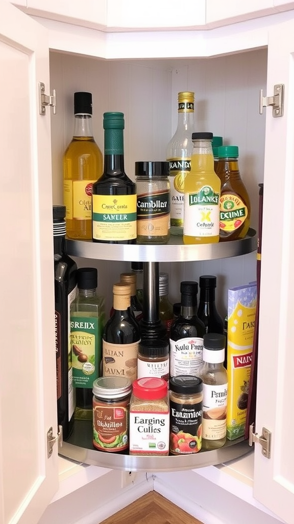 Image of a corner cabinet with a Lazy Susan, organized with various cooking oils and spices.