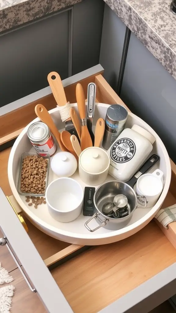 A lazy Susan in a kitchen drawer containing cooking essentials like oils, spices, and measuring tools.