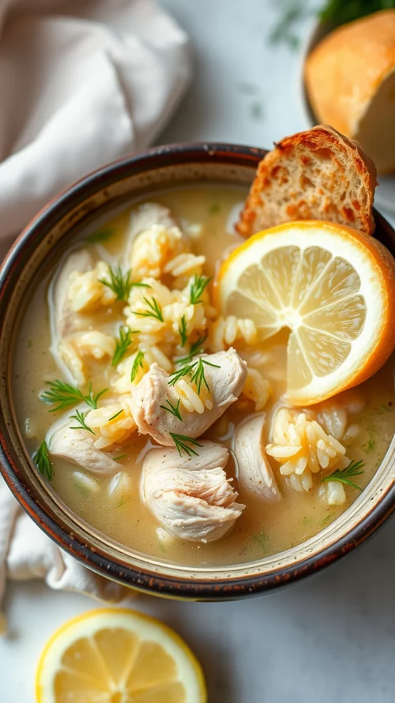 A warm bowl of Lemon Dill Chicken and Rice Soup with lemon slices and bread on the side.