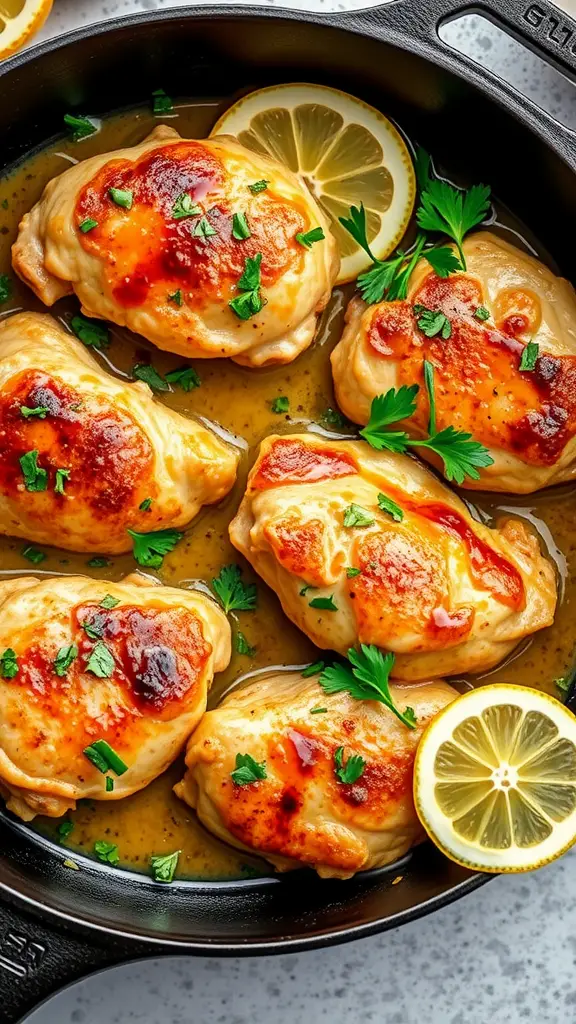 Delicious Lemon Garlic Butter Chicken served with lemon slices and parsley.