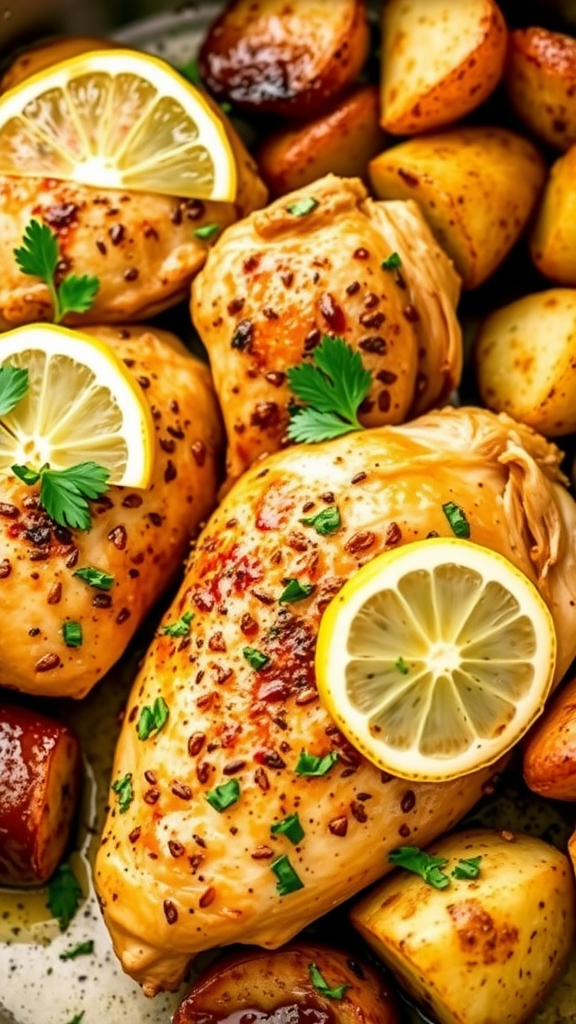 Lemon pepper chicken with potatoes and herbs