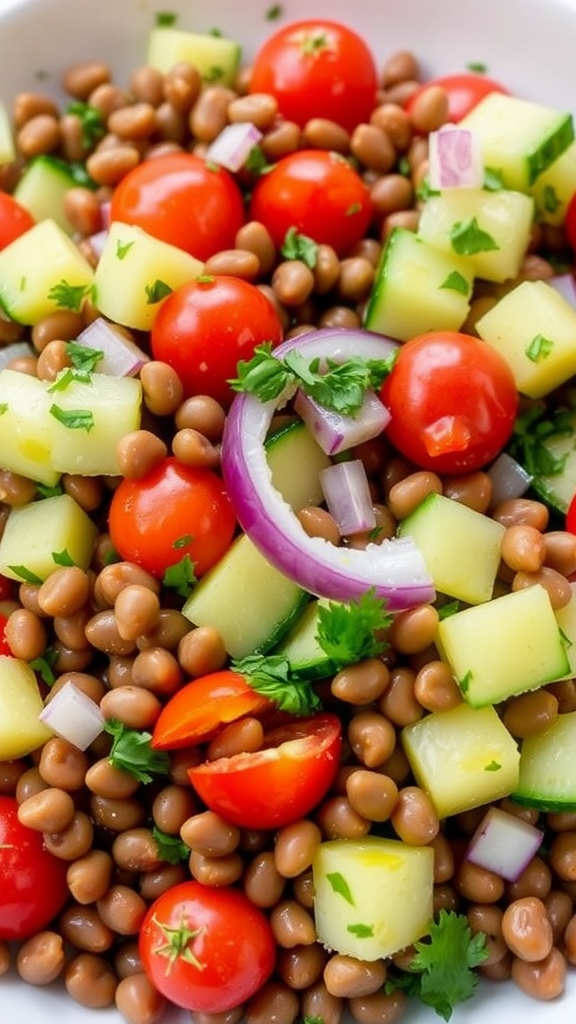 A colorful lentil salad with cherry tomatoes, cucumbers, and herbs.