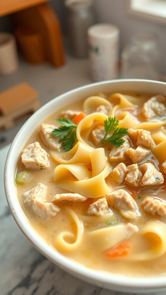 A bowl of lightened creamy chicken noodle soup with noodles, chicken pieces, and herbs.