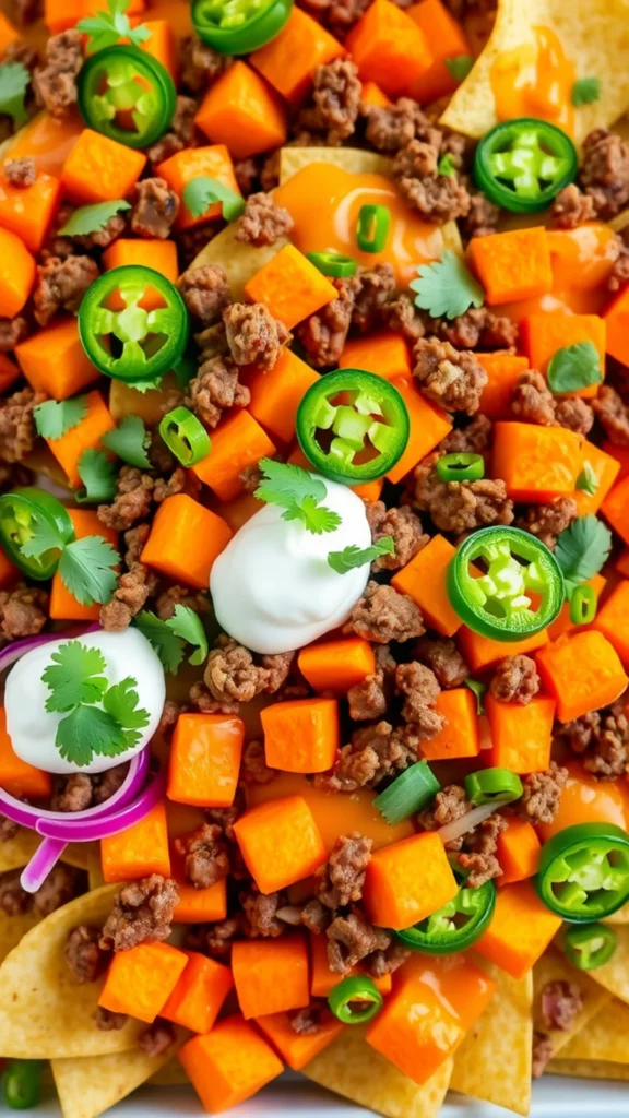 A close-up of loaded beef nachos topped with sweet potatoes, jalapeños, and sour cream.