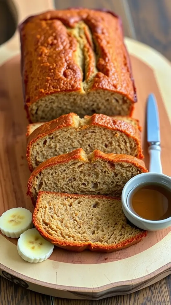 Sliced low-calorie banana bread with bananas and honey on a wooden board