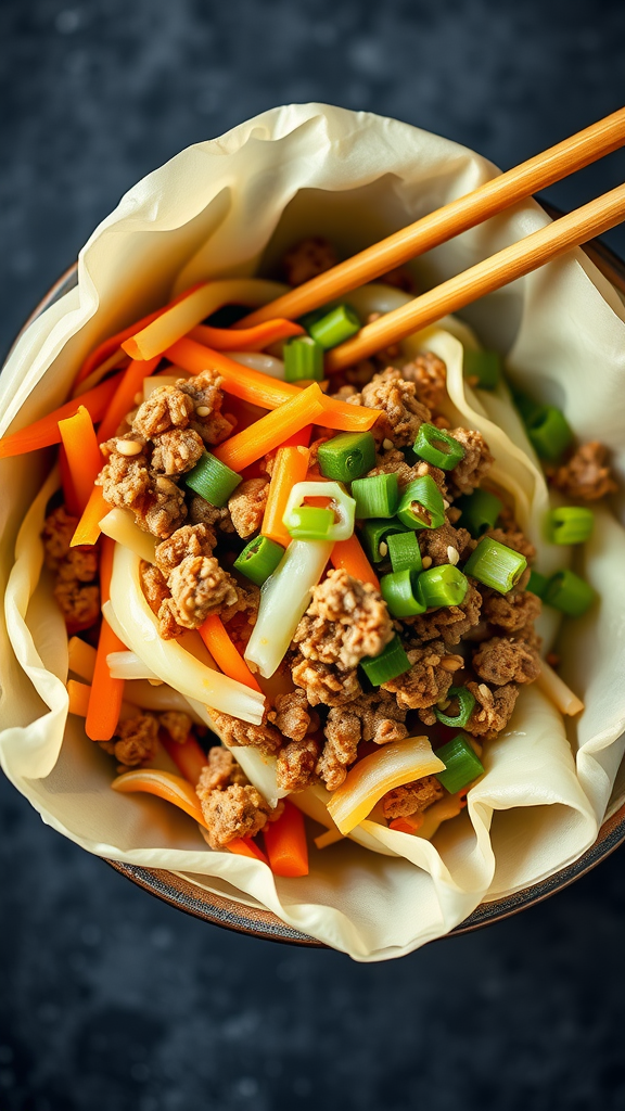 A delicious low-carb egg roll bowl with ground meat and colorful vegetables.