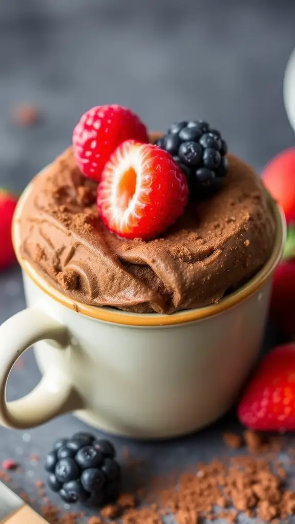 A delicious low-fat chocolate mug cake topped with fresh raspberries and blackberries.