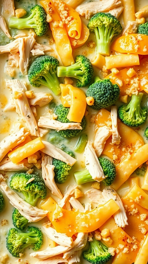 Close-up of low carb chicken casserole with broccoli and cheese.