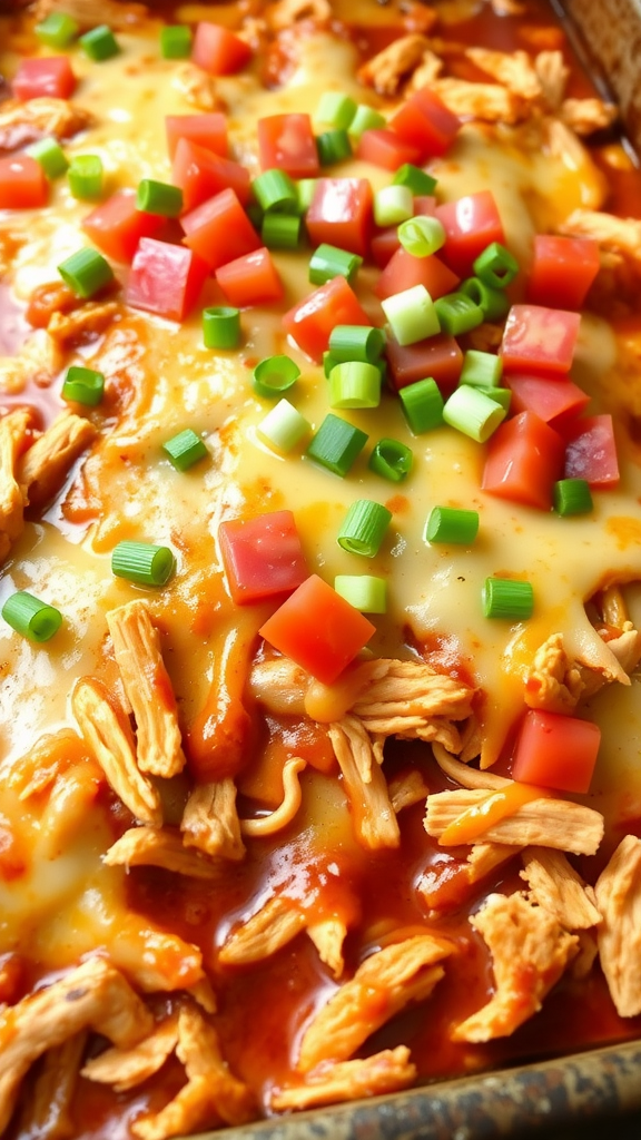 A close-up of a low carb chicken enchilada casserole topped with diced tomatoes and green onions.