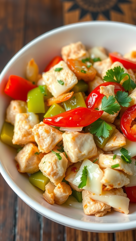 A bowl filled with diced chicken, red and green bell peppers, and herbs