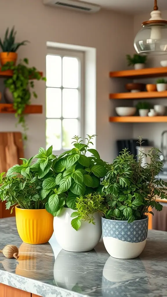 Three pots with herbs on a kitchen countertop, showcasing vibrant green leaves in a stylish kitchen setting.