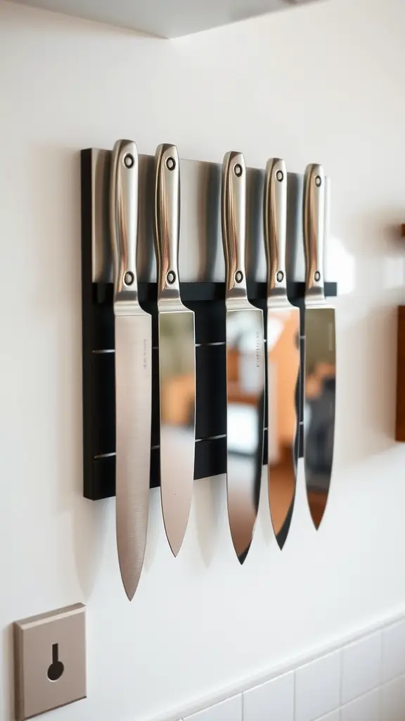 A magnetic knife strip displaying several knives on a kitchen wall