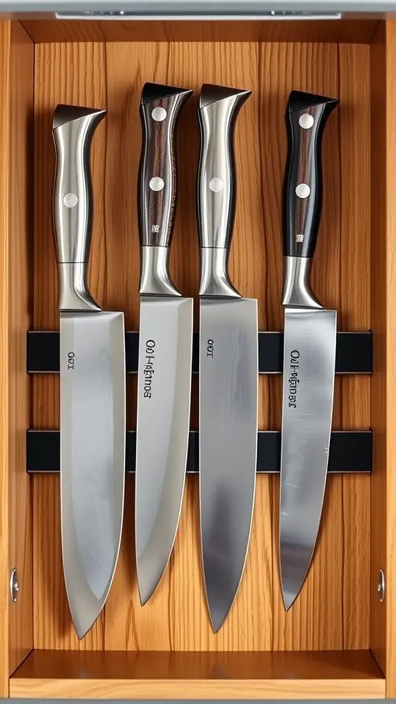 A neatly organized drawer containing a selection of knives and a spoon, showcasing a magnetic knife strip.