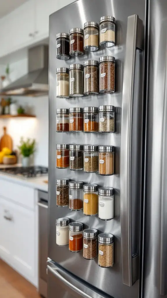 Magnetic spice jars neatly organized on a stainless steel fridge.