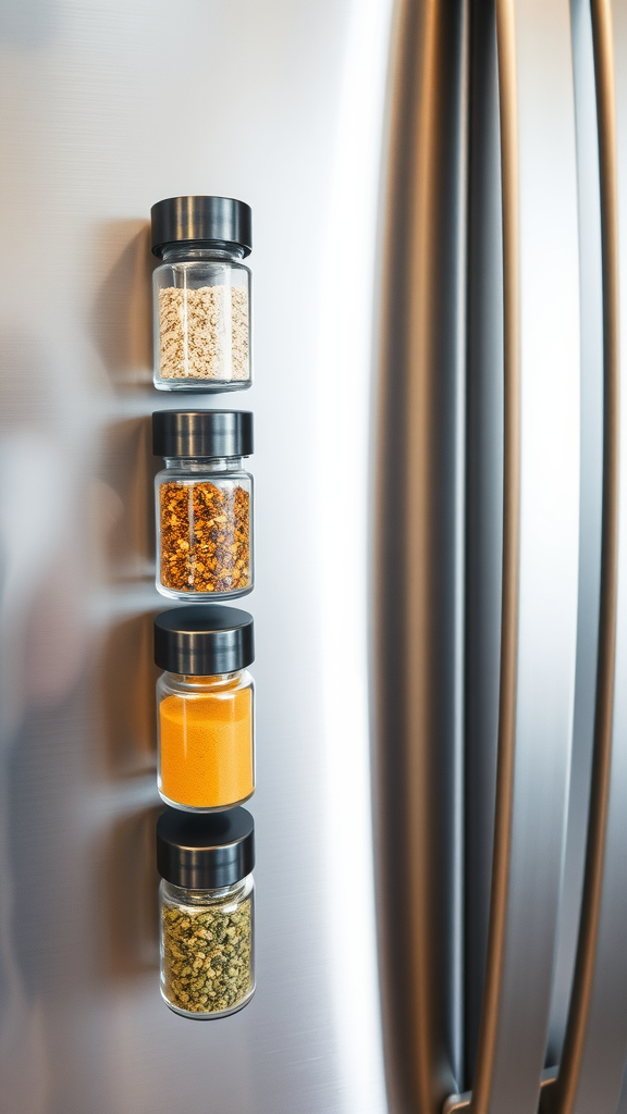 Magnetic spice jars arranged on a stainless steel fridge