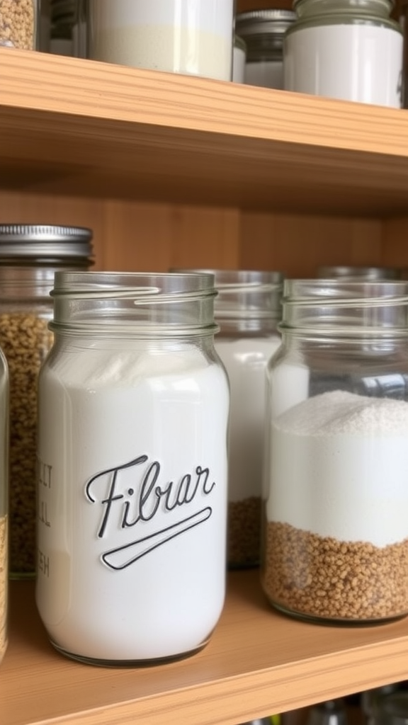 Mason jars filled with flour, sugar, and other dry ingredients on a shelf.