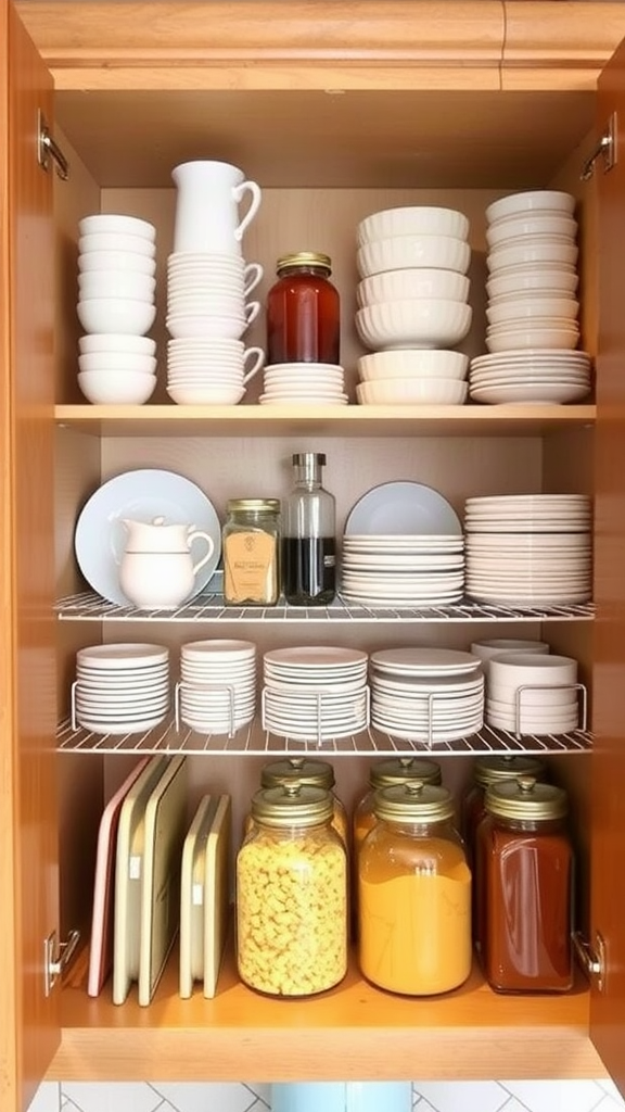 Image of an organized kitchen cabinet with adjustable shelves filled with dishes, jars, and utensils.