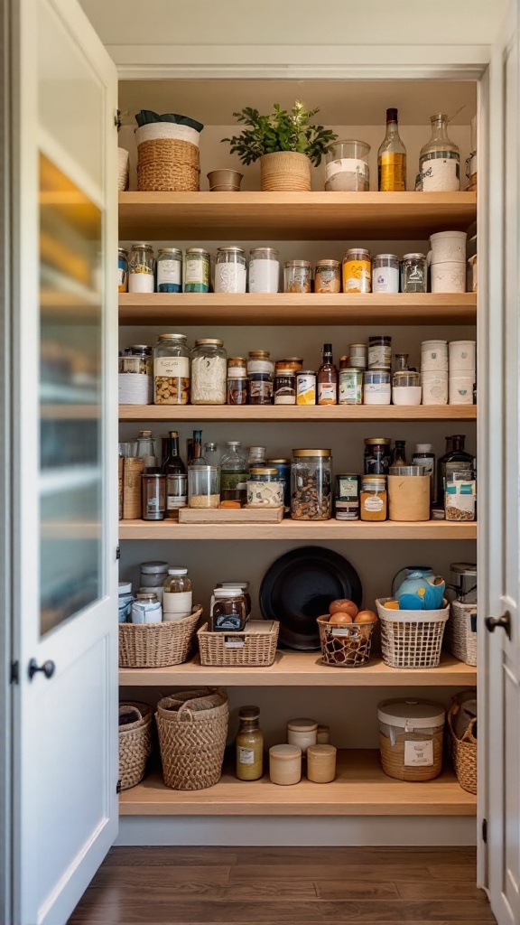 A well-organized pantry with various jars, baskets, and a plant on wooden shelves.