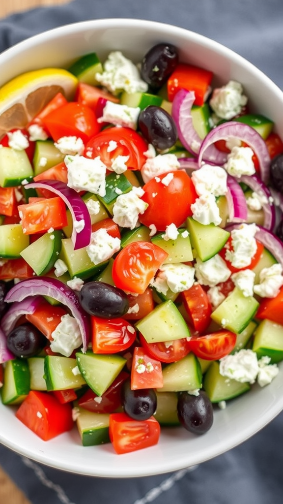 A colorful Mediterranean chopped salad with cucumbers, tomatoes, olives, and feta cheese.