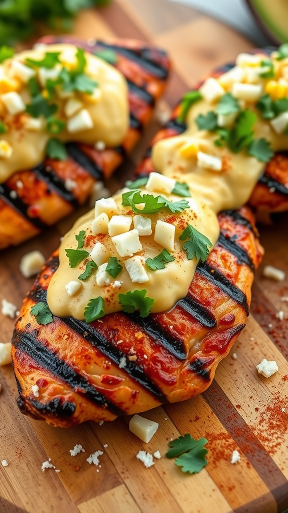 Grilled chicken topped with creamy sauce, cheese, and cilantro on a wooden cutting board.