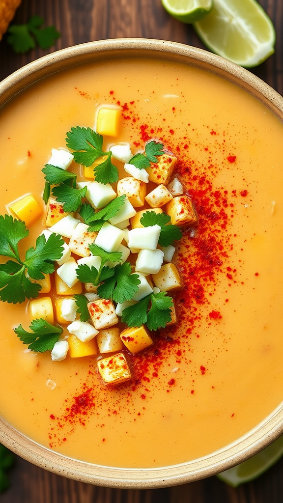 A bowl of creamy Mexican Street Corn Soup topped with cilantro, cheese, and spices.