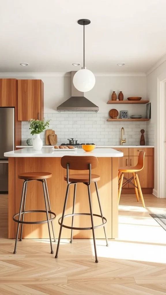 A modern kitchen featuring mid-century bar height stools with wooden seats and metal legs, complemented by light wood cabinetry and decor.