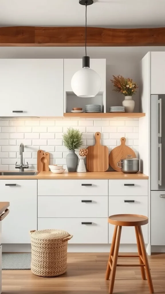 A minimalist kitchen featuring white cabinets, wooden countertop, open shelving with kitchen accessories, and a pendant light.