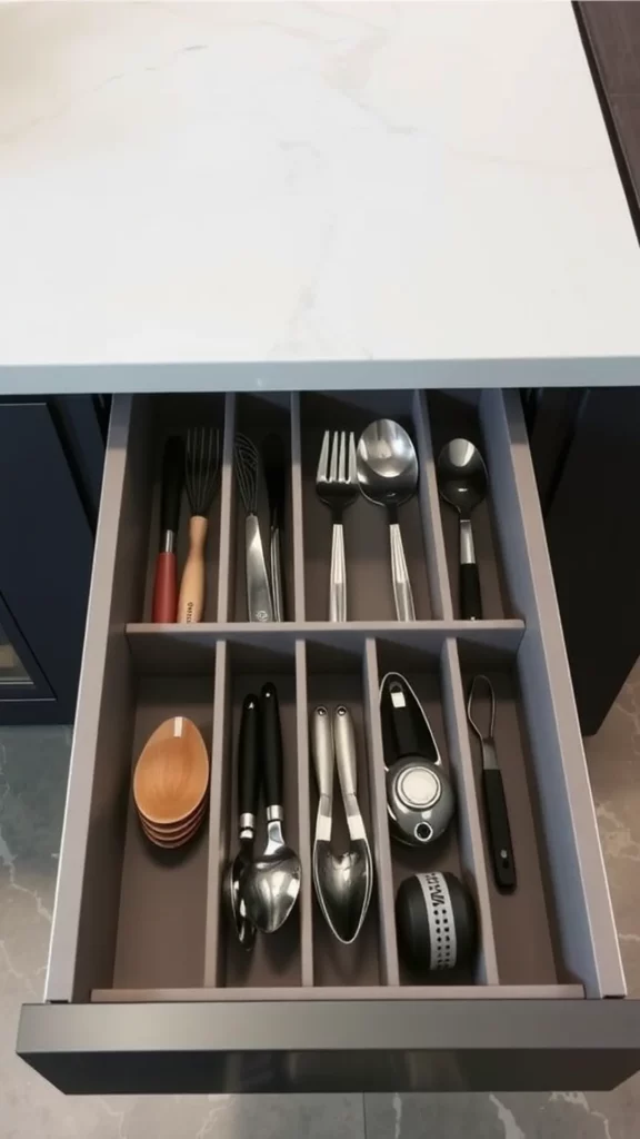 An organized kitchen drawer with minimalist dividers holding various utensils and tools.