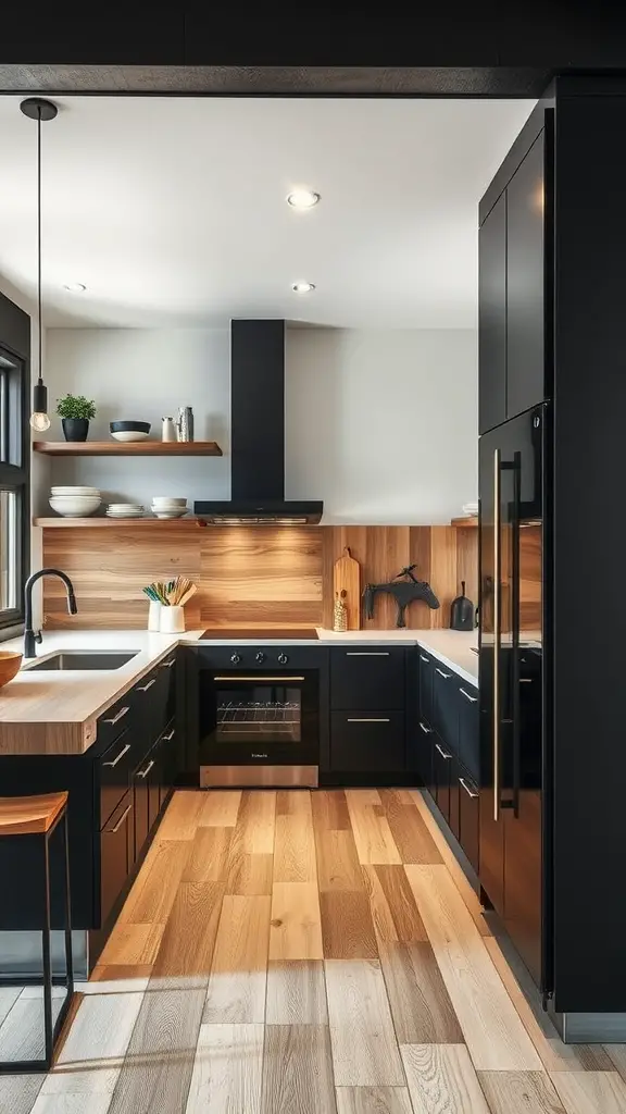 Modern kitchen with black cabinets and wooden accents.