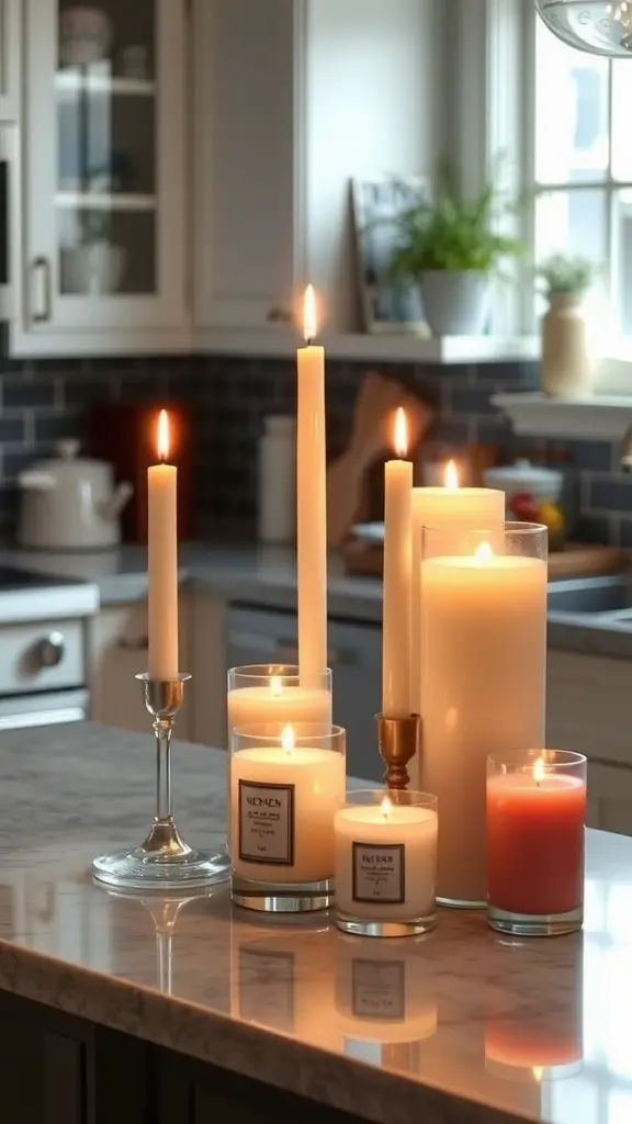 A modern arrangement of various candles on a kitchen countertop, featuring tapered, jar, and pillar candles with warm flames.