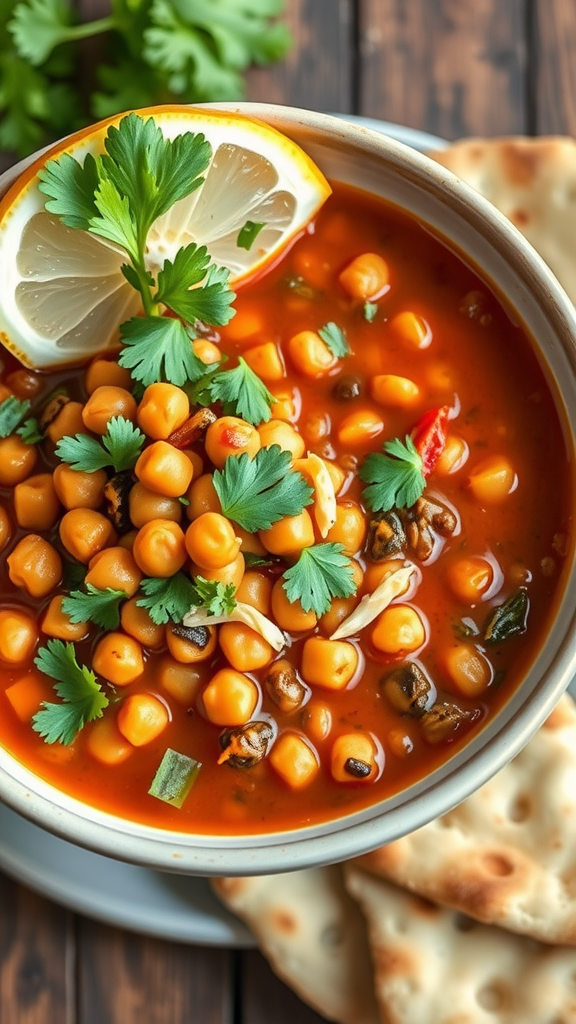 A bowl of Moroccan spiced lentil and chickpea soup topped with cilantro and a slice of lemon, served with flatbread.