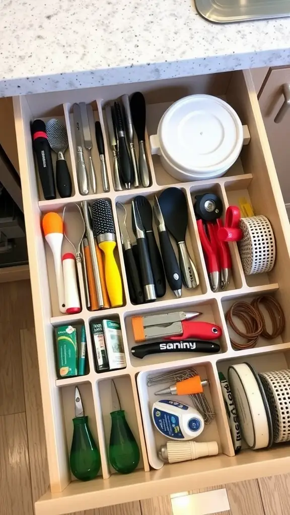 A neatly organized drawer with a multi-compartment tool holder filled with various utensils and tools.