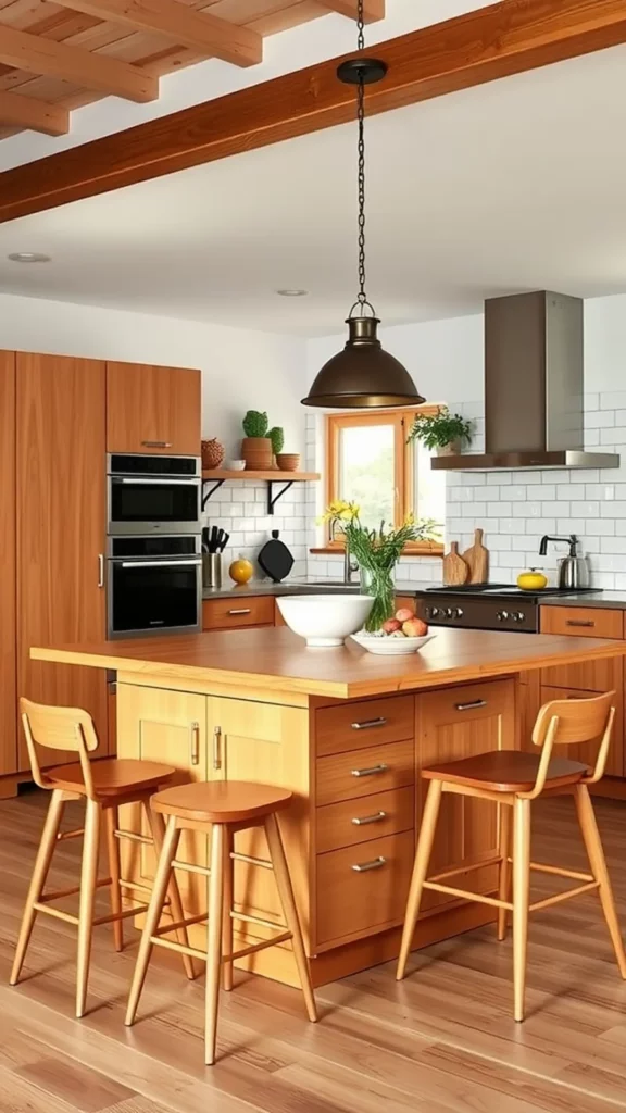 A modern kitchen featuring a multifunctional wooden island with stools, fresh fruit, and stylish cabinetry.