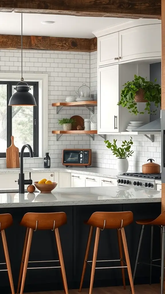 A modern kitchen with dark cabinets, wooden shelves, plants, and marble countertops